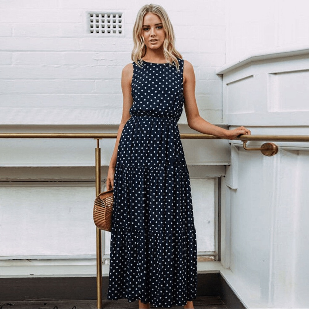 Navy, sleeveless polka dot maxi dress